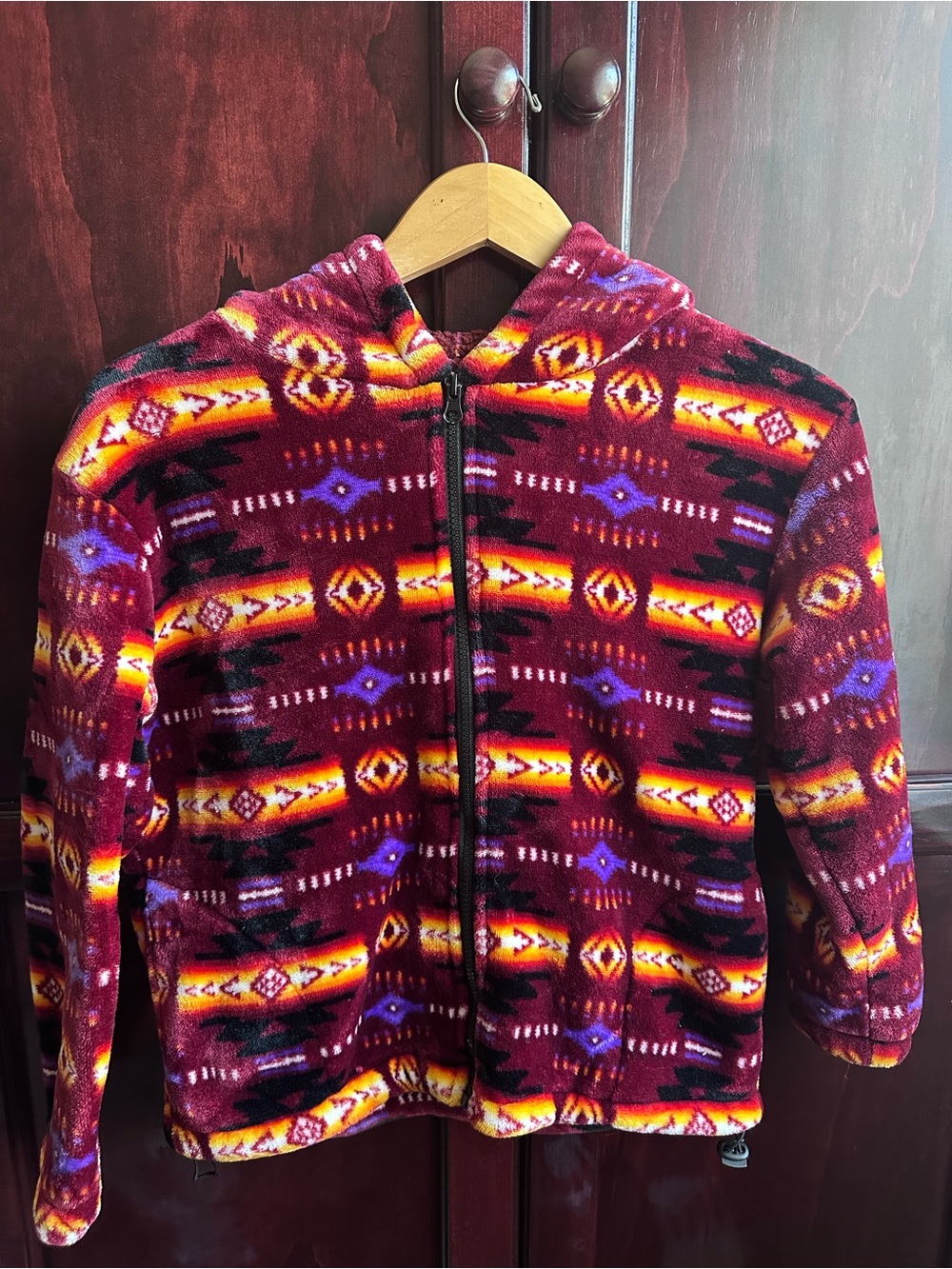 Kids Maroon Aztec Zip-Up Hoodie with Yellow & Purple Accents